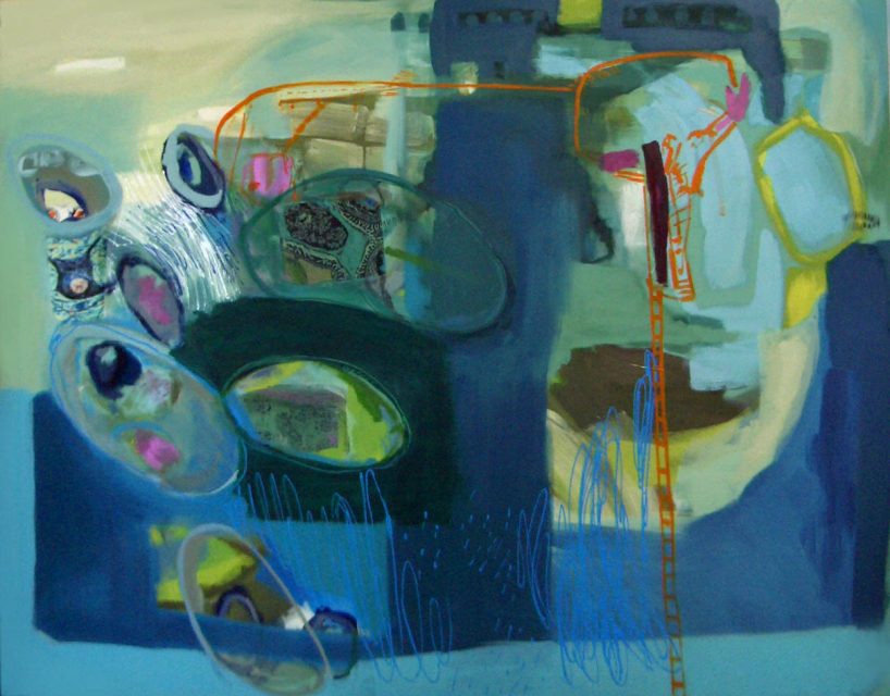 "Nine islands between two seas" 150 x 200cm. Transfer, oil and acrylic on canvas.