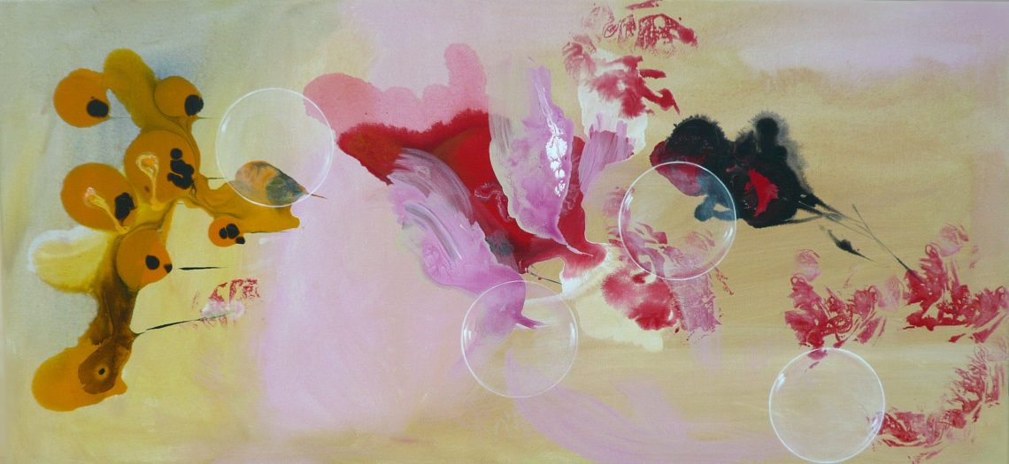 'transparent moons with japanese flower background' 60 x 130 cm. Mixed technique on canvas.