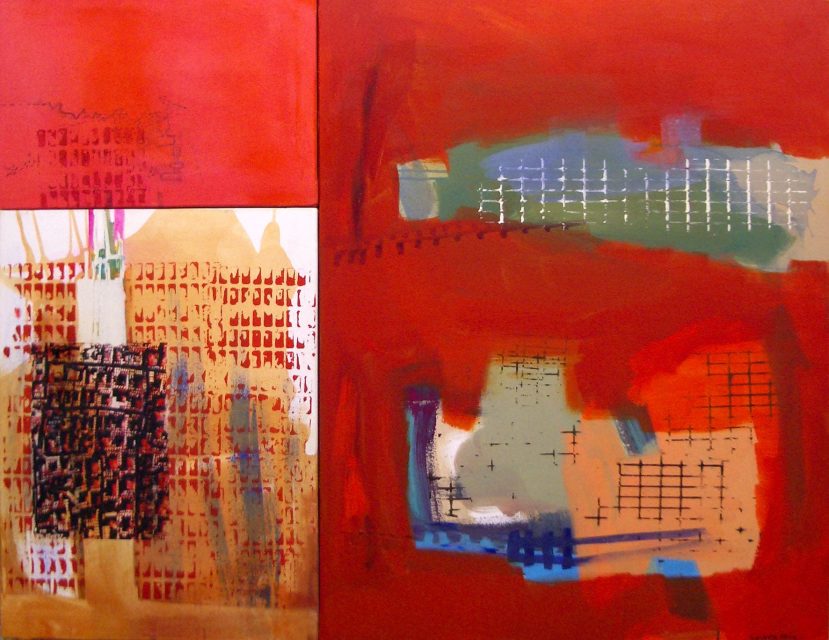 'Peculiar building'  Triptych,  91 X 120 cm.  Transfer,acrylic on canvas.