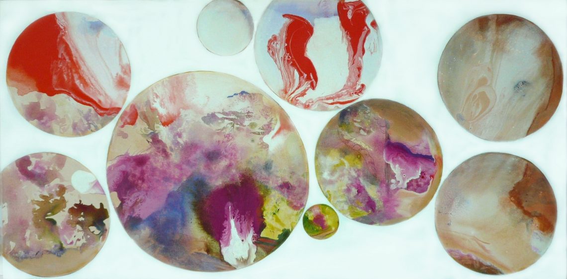 'nine moons on white background ' 75 x 125 cm. Mixed technique on canvas.