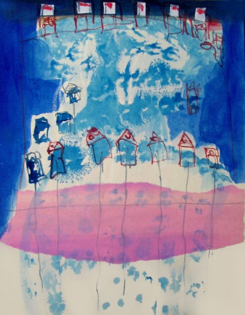 "Blue village" 35 x 30 cm. Ink and collage on paper.