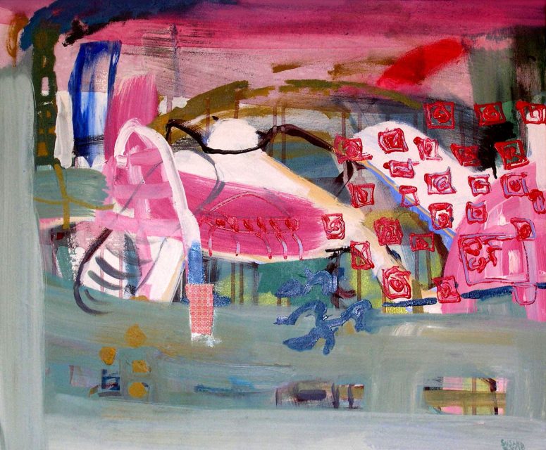 "Shoes factory" 54 x 65 cms. Oil acrylic collage on canvas.