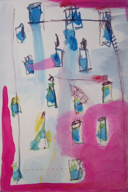 "Small bright neigbourghood" 45 x 30 cm. Watercolour on cardboard